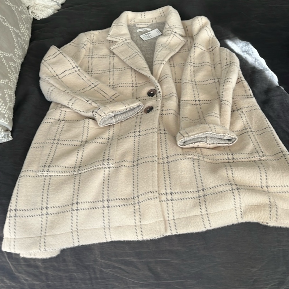 New with Tags Coatigan, beige with gray plaid.